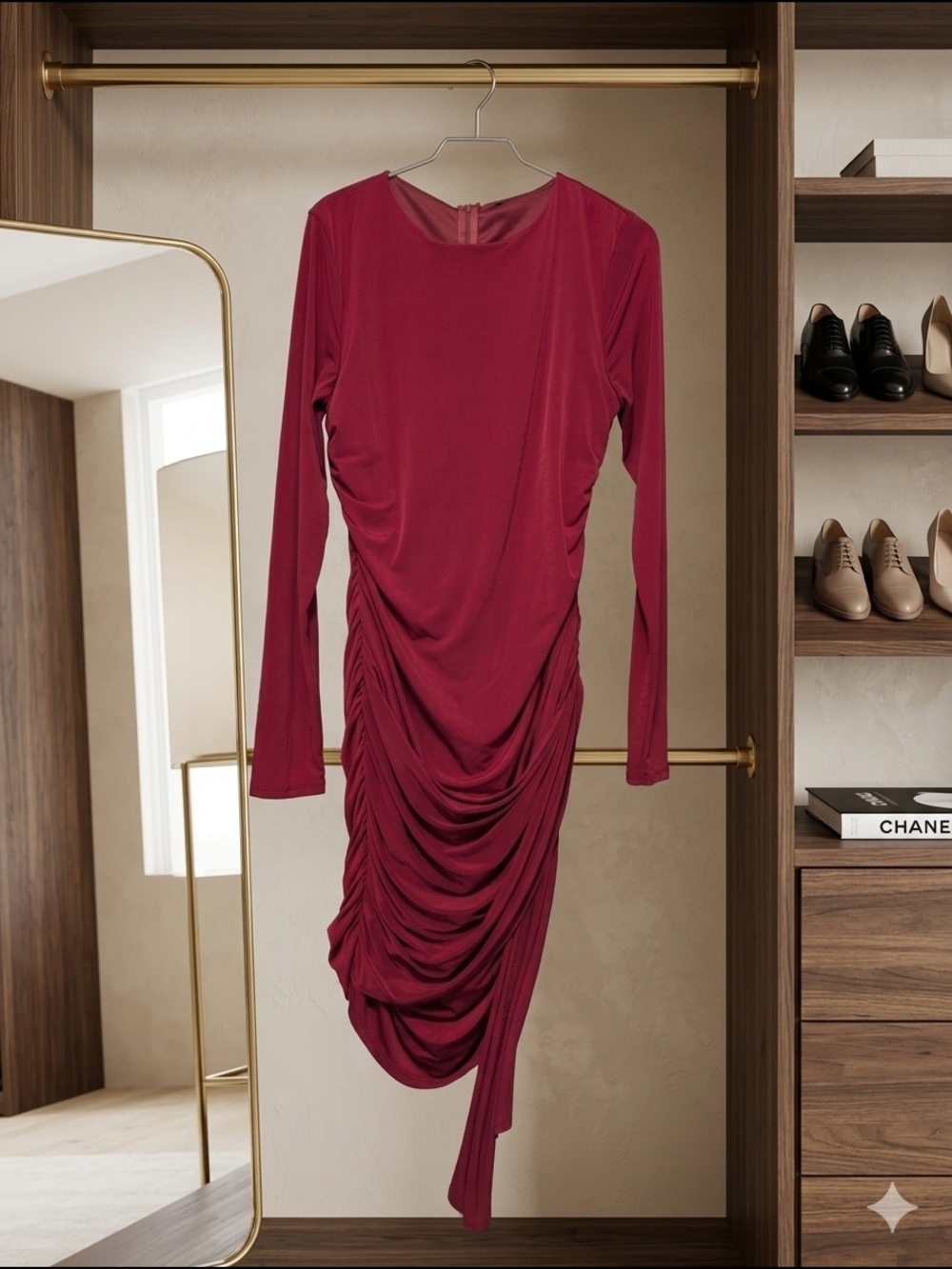 Fashion Nova Stella Ruched Long Sleeve Mini Dress - Burgundy (1X) (NWOT) - Picture 7 of 10